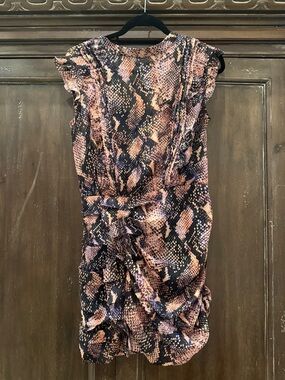 AllSaints Pink and Black Snake-Print Ruched Mini Dress